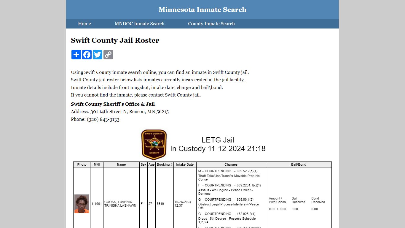 Swift County Jail Roster - inmatesearchminnesota.org